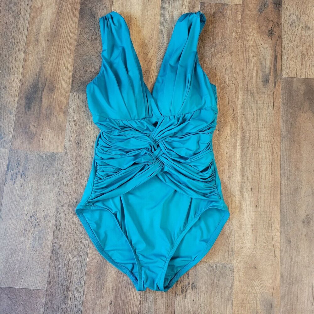 Badgley Mischka Women's Size 6 Blue One Piece Front Twist Slimming Swimsuit